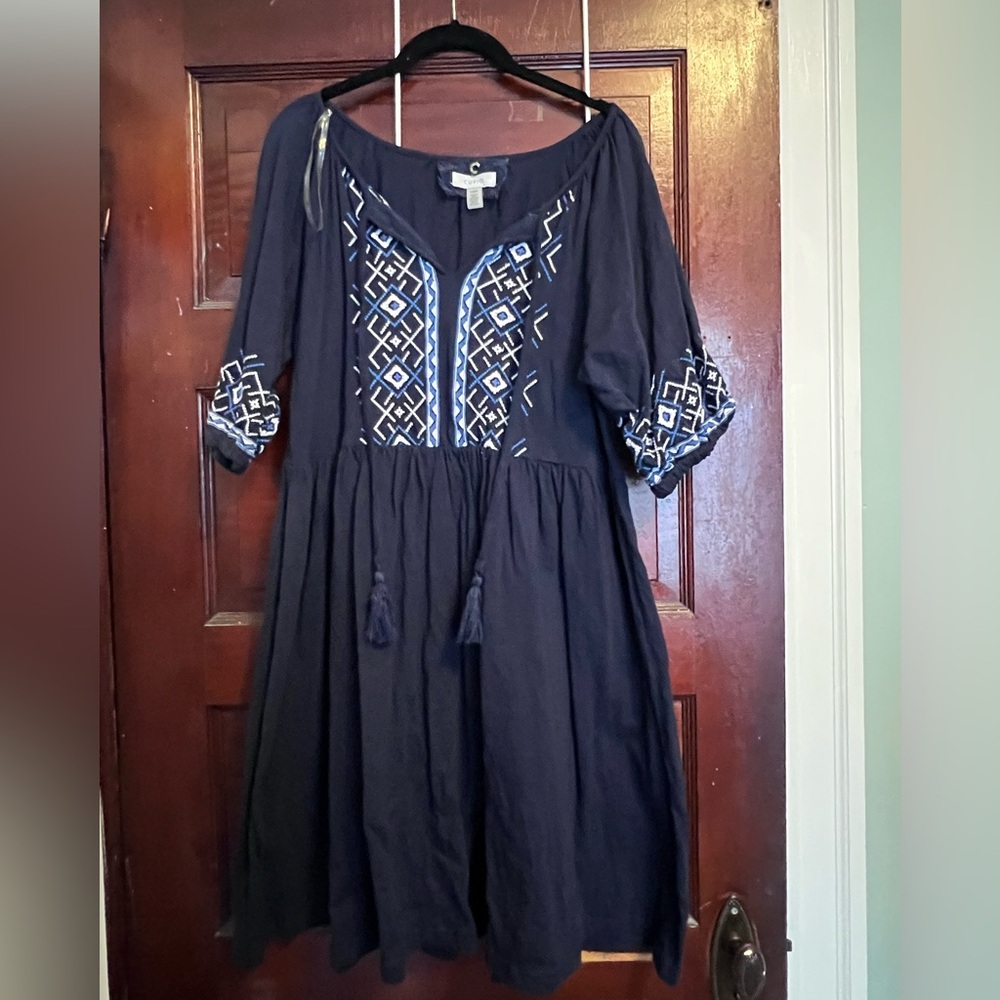 Cupio Navy Midi Dress with Blue & White Embroidery